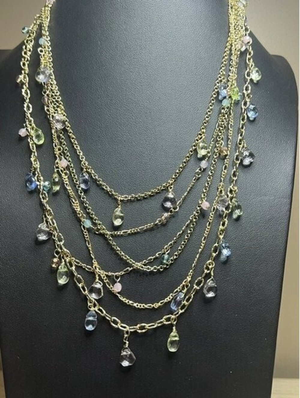 B7398 TALBOTS Multi-Strand Layered Necklace  Gold Tone Pastel crystal 18-21"